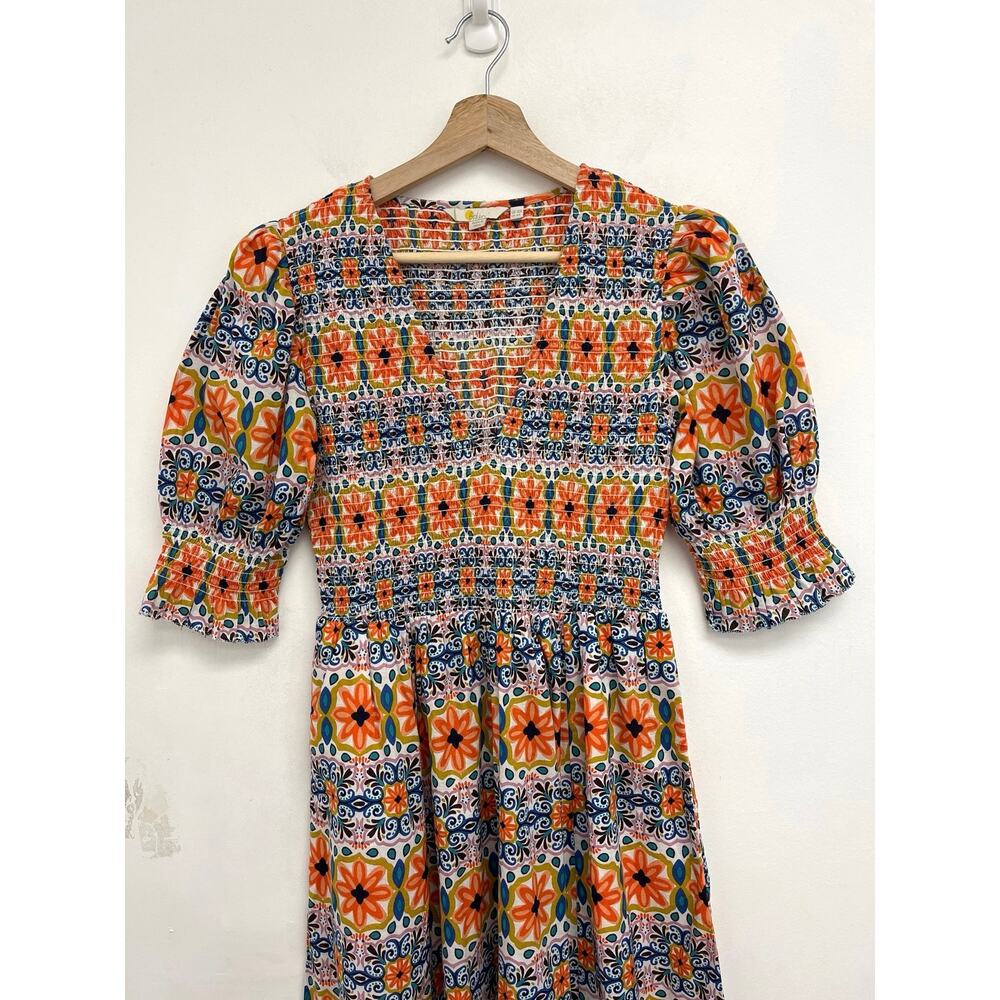 Boden Smocked Bodice Midi Dress Colorful Cute Tapestry Stripe Puff Sleeves US6 - Picture 5 of 13